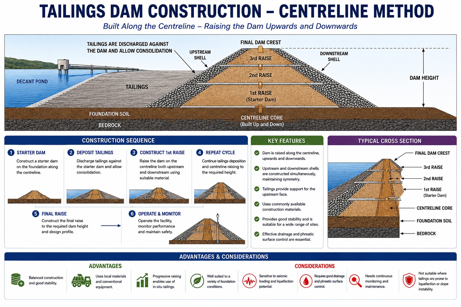 Tailings dam cenreline method